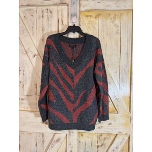 JOSEPH.A Knit V-Neck Zebra‎ Pattern Sweater Gray Red Cozy Tunic Size Large